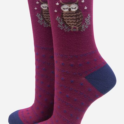 Chaussettes hibou en bambou pour femmes, chaussettes fantaisie à imprimé oiseau, bordeaux