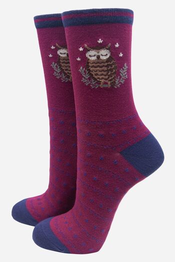 Chaussettes hibou en bambou pour femmes, chaussettes fantaisie à imprimé oiseau, bordeaux 1