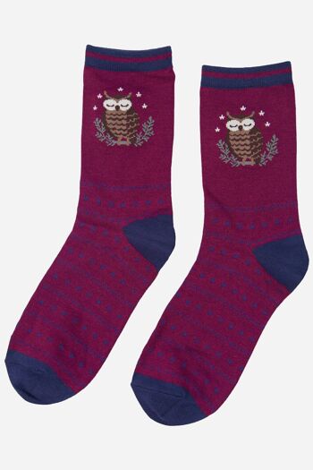 Chaussettes hibou en bambou pour femmes, chaussettes fantaisie à imprimé oiseau, bordeaux 2