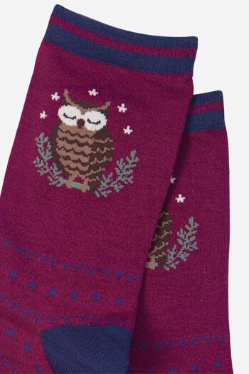 Chaussettes hibou en bambou pour femmes, chaussettes fantaisie à imprimé oiseau, bordeaux 3