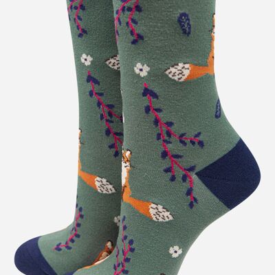 Women's Bamboo Fox Socks Novelty Ankle Socks Leaf Print Green