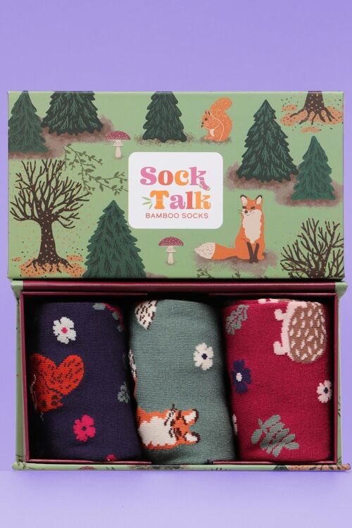Women's Bamboo Socks Woodland Animals Fox Squirrel Hedgehog Gift Set Box