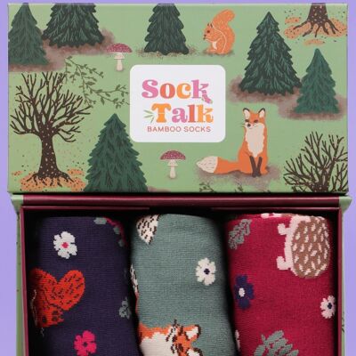 Women's Bamboo Socks Woodland Animals Fox Squirrel Hedgehog Gift Set Box