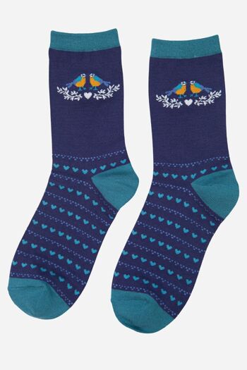 Chaussettes en bambou pour femmes, chaussettes bleues à imprimé mésange et cœur d'amour, bleues 2