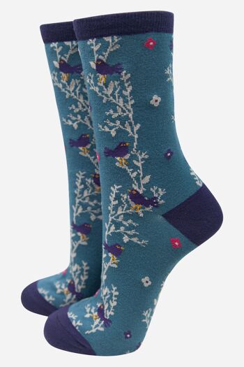 Chaussettes en bambou pour femmes, chaussettes à imprimé floral Blackbird Vine, bleu 1
