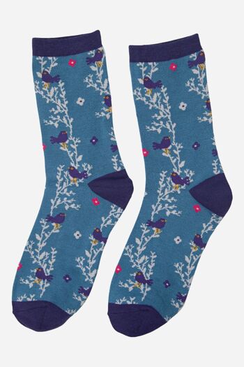 Chaussettes en bambou pour femmes, chaussettes à imprimé floral Blackbird Vine, bleu 2