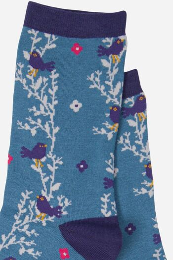 Chaussettes en bambou pour femmes, chaussettes à imprimé floral Blackbird Vine, bleu 3