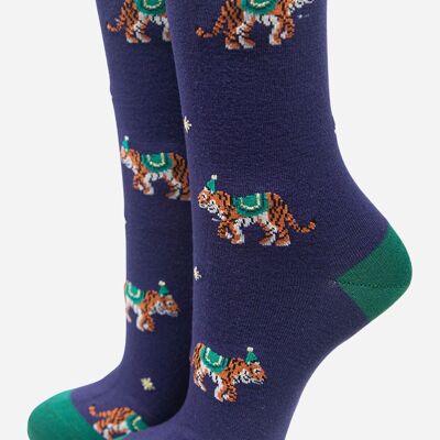 Women's Bamboo Socks Tiger Print Party Animal Ankle Socks Navy Blue