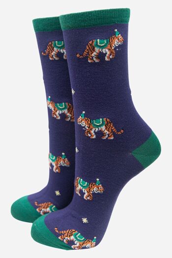 Chaussettes en bambou pour femmes, chaussettes à imprimé tigre, animaux de fête, bleu marine 1