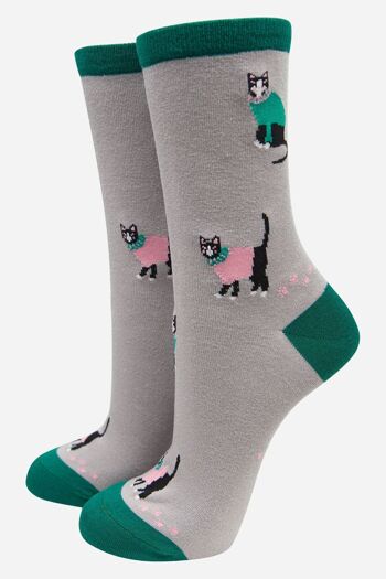 Chaussettes en bambou pour femmes, chaussettes noires à imprimé chat, chaussettes fantaisie en forme d'animaux, gris vert 1