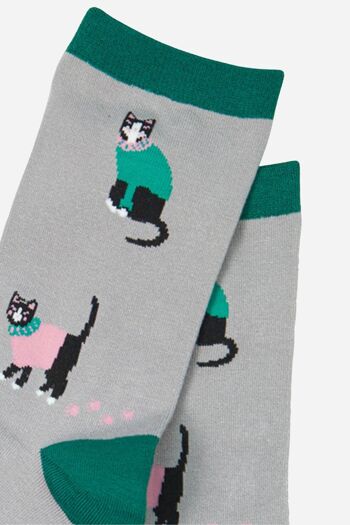 Chaussettes en bambou pour femmes, chaussettes noires à imprimé chat, chaussettes fantaisie en forme d'animaux, gris vert 3