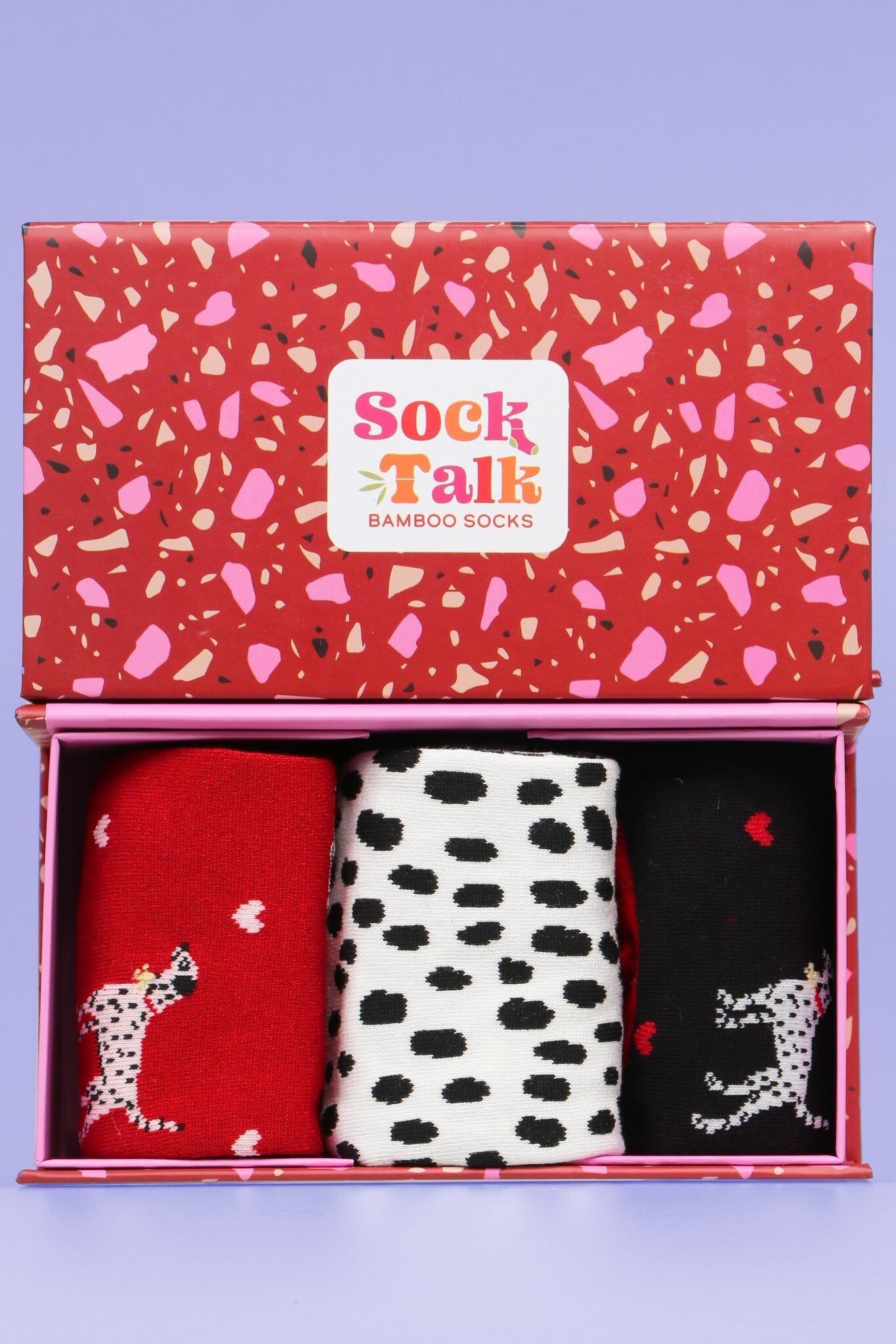 Geschenkbox-Set mit Bambus-Hundesocken mit Dalmatiner-Spots-Aufdruck für Damen