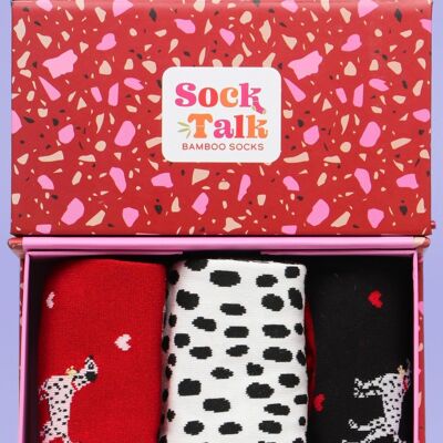 Conjunto de caja de regalo con estampado de lunares dálmatas y calcetines para perros de bambú para mujer
