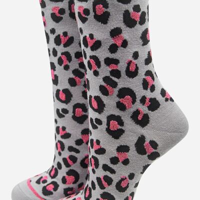 Socquettes Femme Bambou Imprimé Léopard Gris Rose