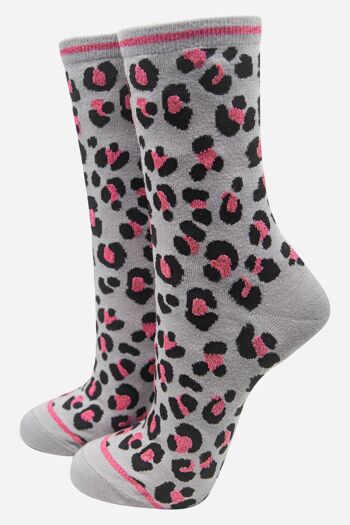 Socquettes Femme Bambou Imprimé Léopard Gris Rose 1