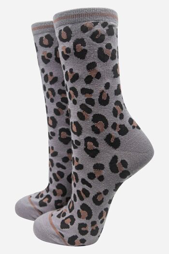 Chaussettes en bambou pour femmes Socquettes à imprimé léopard Gris 1