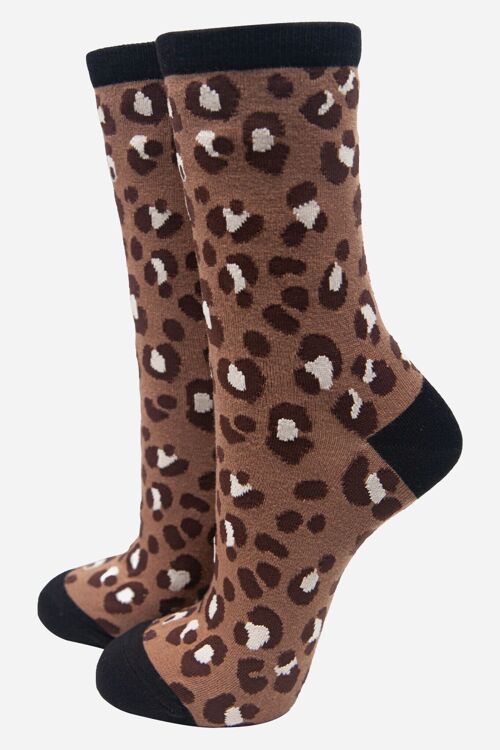 Beige Women's All Over Leopard Print Bamboo Socks