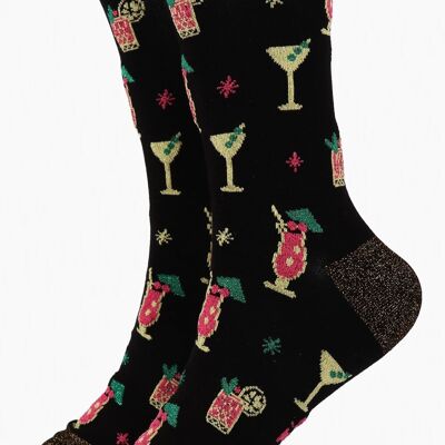 Calcetines de bambú con estampado de fiesta de cóctel para mujer negros