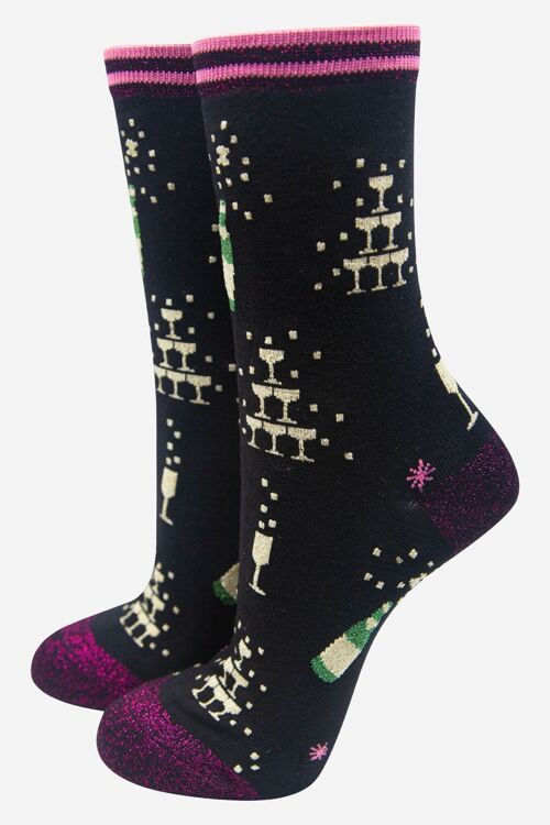 Black Women's Champagne Celebration Print Bamboo Socks