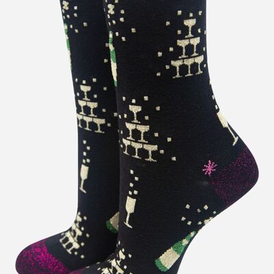 Black Women's Champagne Celebration Print Bamboo Socks