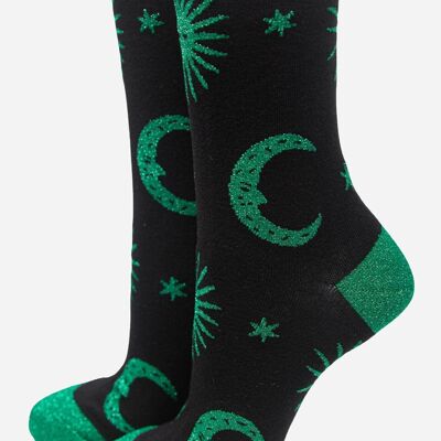 Calcetines de bambú con estampado celestial de purpurina de mujer verde