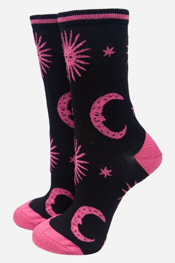 Chaussettes femme fuchsia en bambou à imprimé céleste pailleté 1