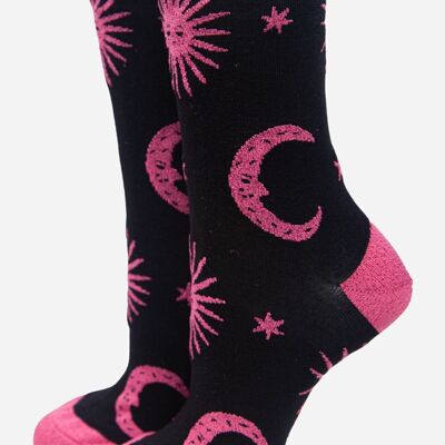 Fuchsia Women's Glitter Celestial Print Bamboo Socks