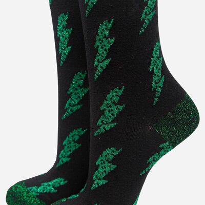 Green Women's Glitter Lightning Bolt Print Bamboo Socks