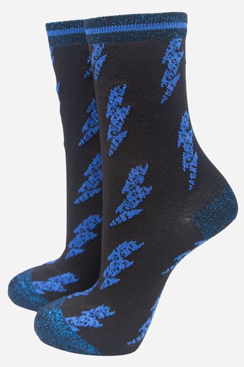 Royal Blue Women's Glitter Lightning Bolt Print Bamboo Socks