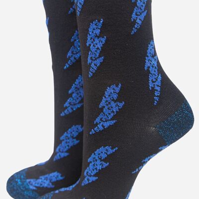 Royal Blue Women's Glitter Lightning Bolt Print Bamboo Socks