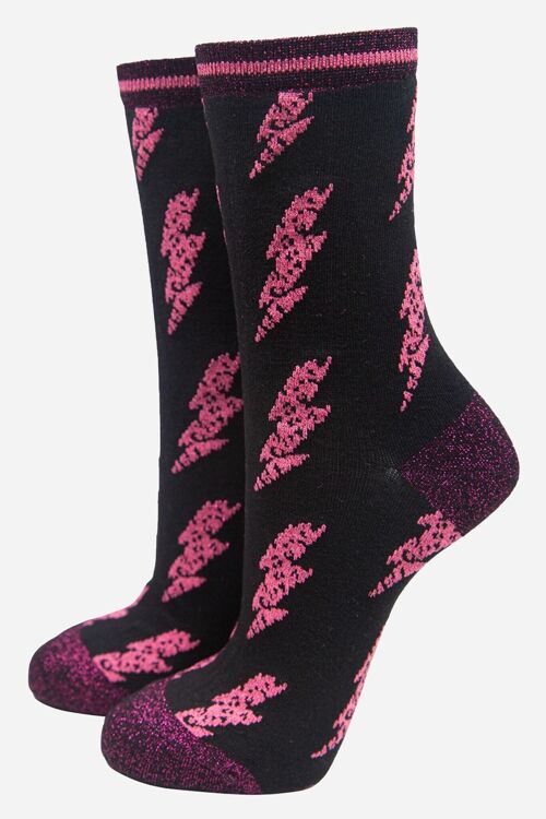 Fuchsia Women's Glitter Lightning Bolt Print Bamboo Socks