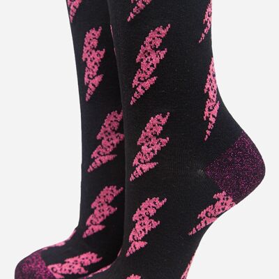 Fuchsia Women's Glitter Lightning Bolt Print Bamboo Socks