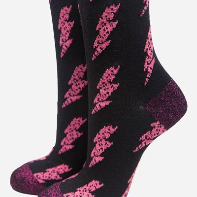 Fuchsia Women's Glitter Lightning Bolt Print Bamboo Socks