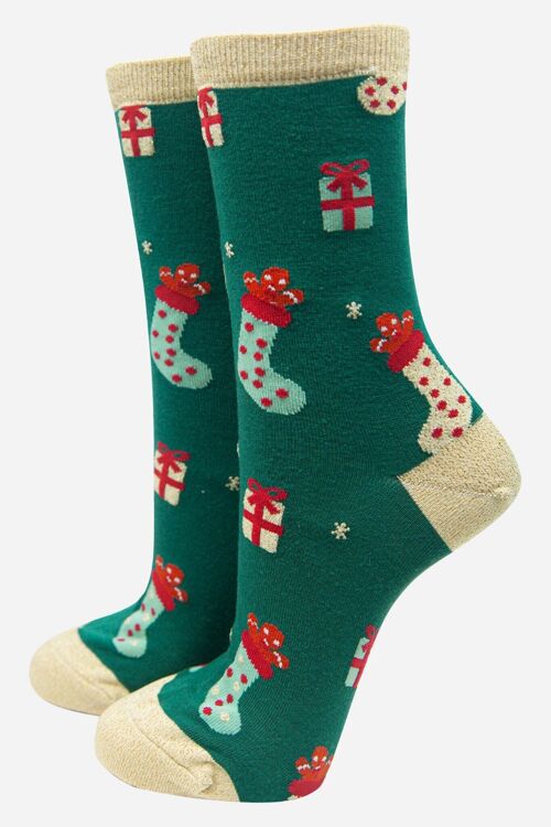 Green Women's Stocking and Gift Print Bamboo Socks