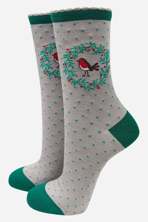 Grey Women's Robin in Garland Print Bamboo Socks