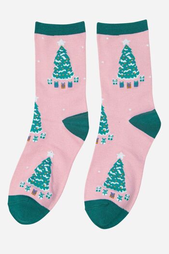 Chaussettes roses en bambou à imprimé arbre de Noël pour femmes 2