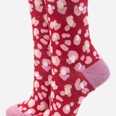 Chaussettes en bambou à imprimé animal pour femme rose rouge avec paillettes