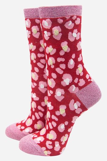 Chaussettes en bambou à imprimé animal pour femme rose rouge avec paillettes 1