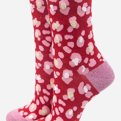 Pink Red Women's All Over Animal Print with Glitter Bamboo Socks