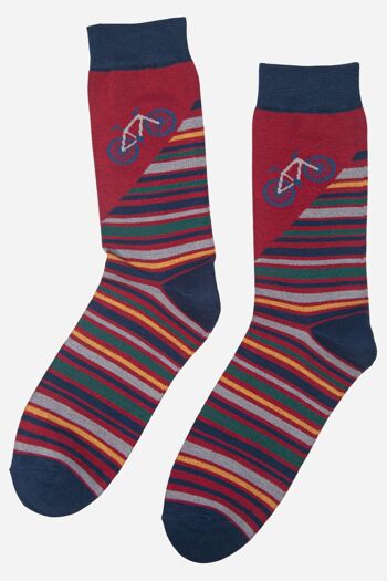 Chaussettes en bambou à imprimé VTT et rayures pour hommes bordeaux 2