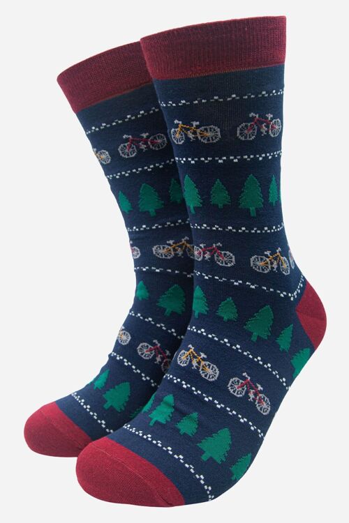 Navy Blue Men's Bike and Tree Fair Isle Style Print Bamboo Socks