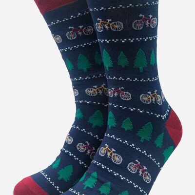 Navy Blue Men's Bike and Tree Fair Isle Style Print Bamboo Socks