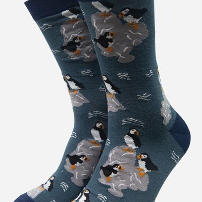 Chaussettes en bambou à imprimé macareux pour hommes, bleu sarcelle