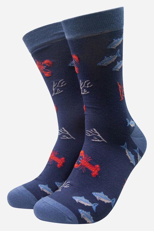 Navy Blue Men's Lobster and Fish Print Bamboo Socks