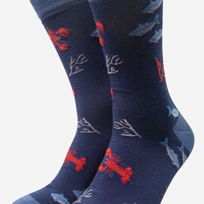 Chaussettes en bambou imprimé homard et poisson bleu marine pour hommes