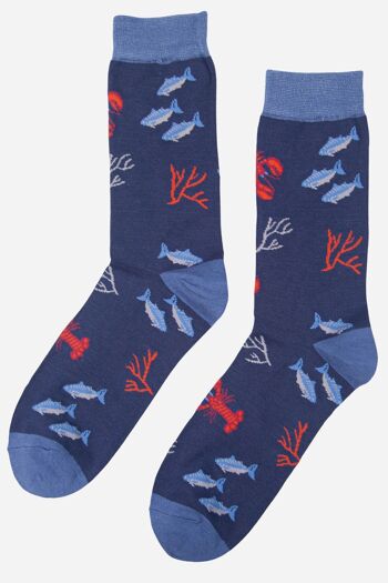 Chaussettes en bambou imprimé homard et poisson bleu marine pour hommes 2