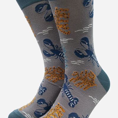 Grey Men's Lobster and Seaweed Print Bamboo Socks