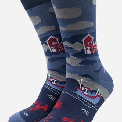 Chaussettes bleues en bambou à imprimé Harbour Scene pour hommes