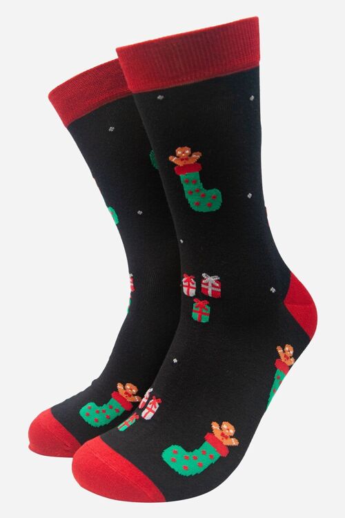 Black Red Men's Christmas Stocking Print Bamboo Socks