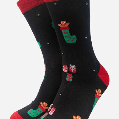 Black Red Men's Christmas Stocking Print Bamboo Socks